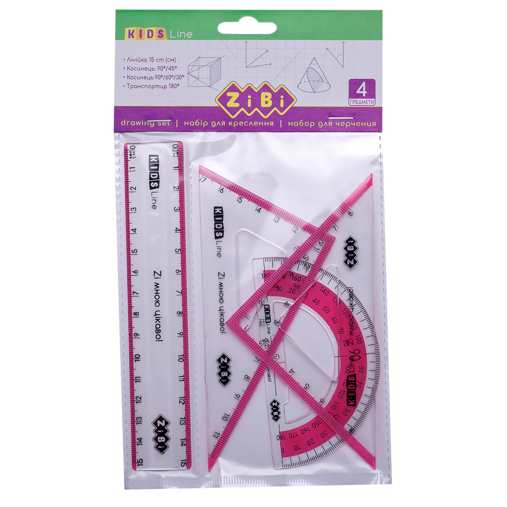 Лінійка ZiBi Комплект: Лінійка 15см, 2 косинця, транспортир, з рожевою смужкою (ZB.5687-10) - зображення 1