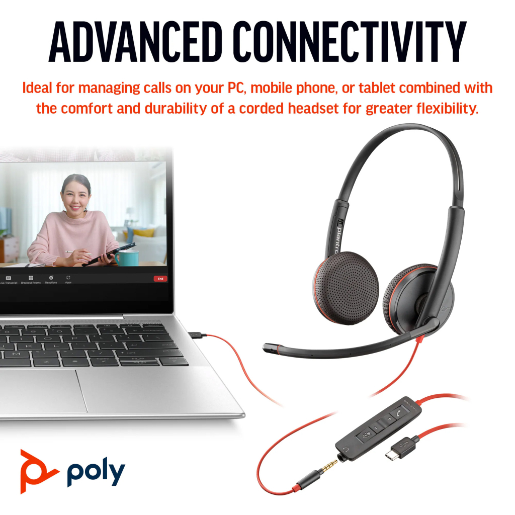 Навушники Poly BlackWire C3225 USB-C HS Stereo +3.5mm Plug +USB-C/A Adapter (Bulk) Black (8X229A6) - зображення 4