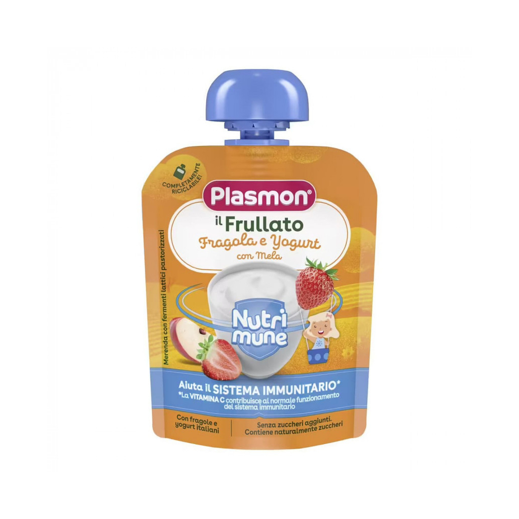 Дитяче пюре Plasmon Яблуко, полуниця, йогурт 85 г (1136146) - зображення 1