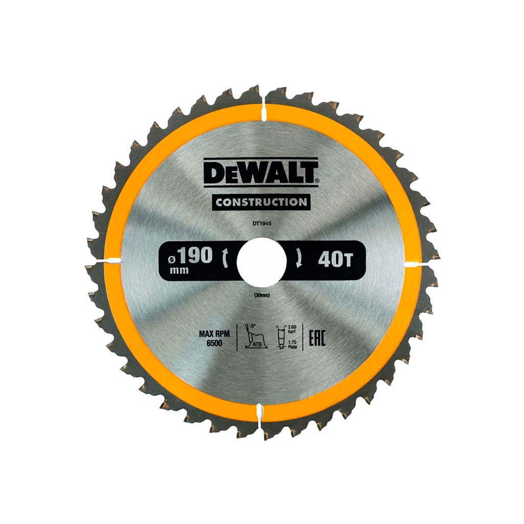 Диск пильний DeWALT СONSTRUCTION, 190 х 30 мм, 40 z, АТВ, 10 градусів (DT1945) - зображення 1