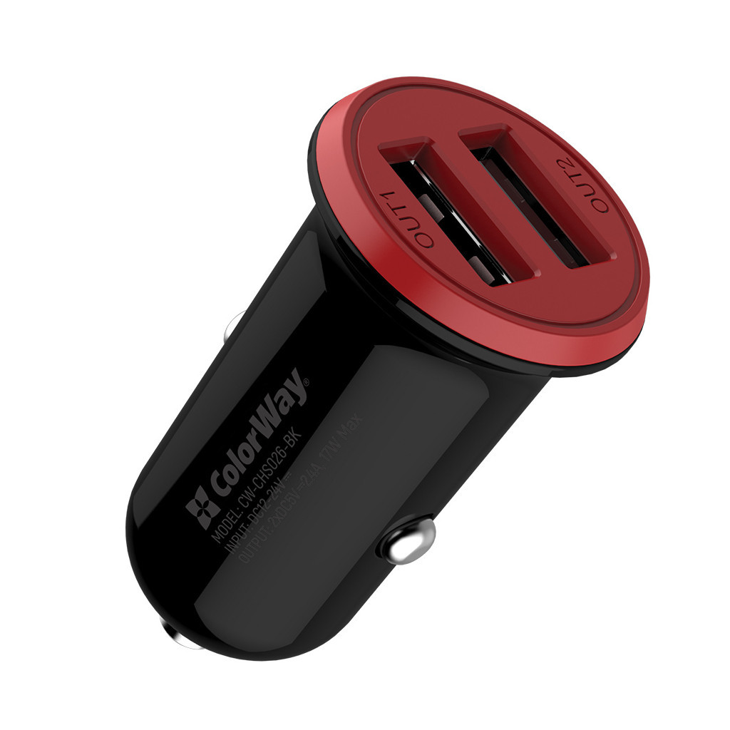 Зарядний пристрій ColorWay 2USB AUTO ID 3.4A (17W) red/black (CW-CHA026-BK) - зображення 1