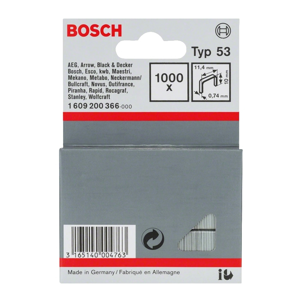 Скоби для будівельного степлера Bosch тип 53, 10х11.4х0.74мм, 1000шт (1.609.200.366) - зображення 1