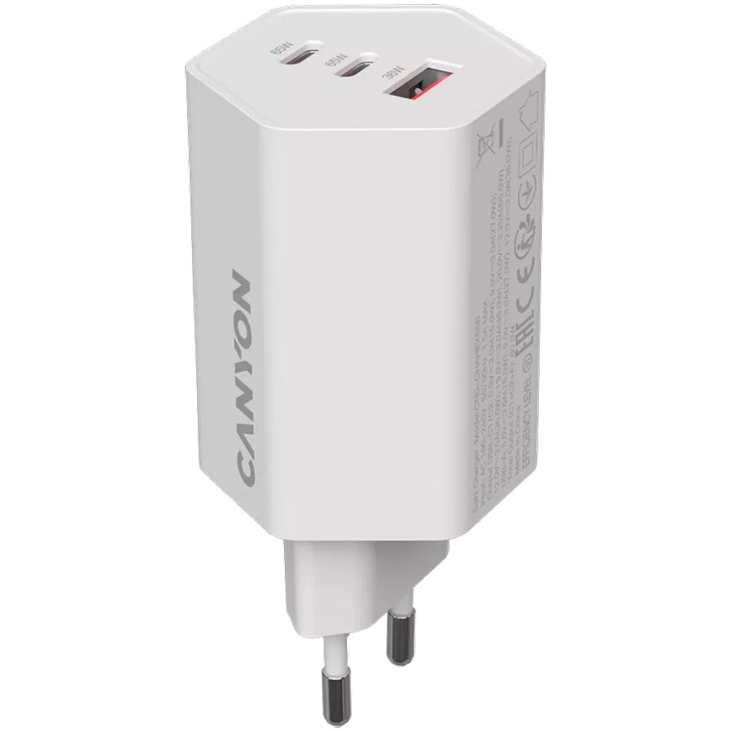 Зарядний пристрій Canyon HEXAGON 65 GaN 65W 2xPD 1xQC EU White (CND-CHAHEX65W) - зображення 1