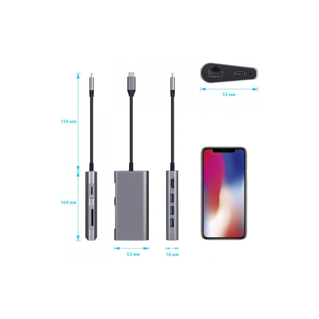 Концентратор Dynamode USB3.1 Type-C to HDMI, 3хUSB3.0, RJ45, USB Type-C Female, SD (Dock-USB-TypeC-HDMI-USB3.0-RJ45) - зображення 5