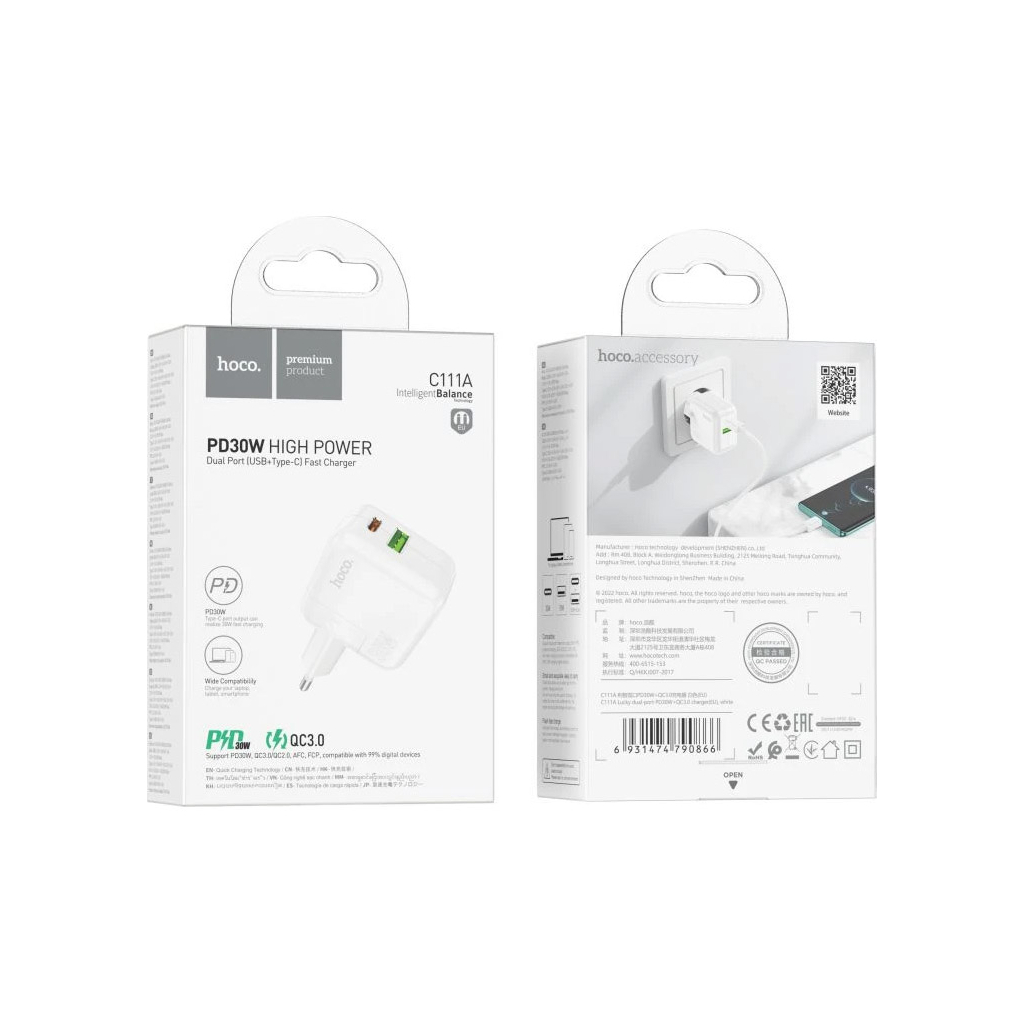 Зарядний пристрій HOCO C111A Lucky 1xUSB-C PD30W + 1xUSB QC3.0 White (6931474790866) - зображення 4