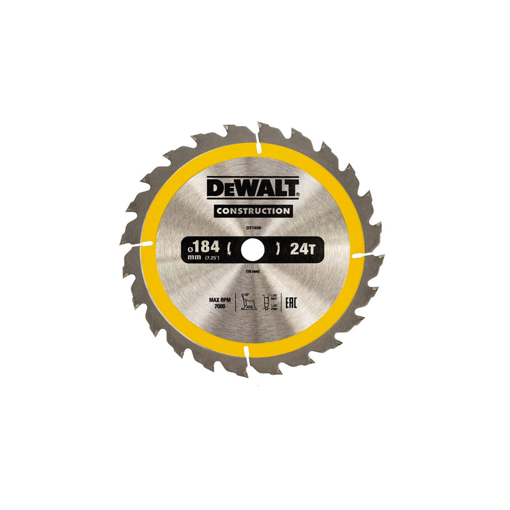 Диск пильний DeWALT CONSTRUCTION, 184 х 16 мм, 24z (ATB), 16 градусів (DT1939) - зображення 1
