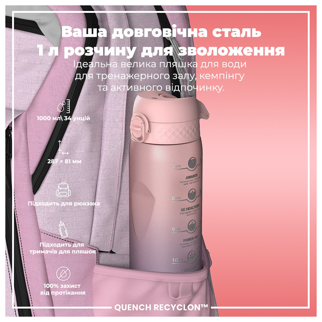 Пляшка для води ION8 OneTouch Times To Drink 1000 мл BPA Free, Periwinkle &Rose (I8RF1000PPRMOT) - зображення 5
