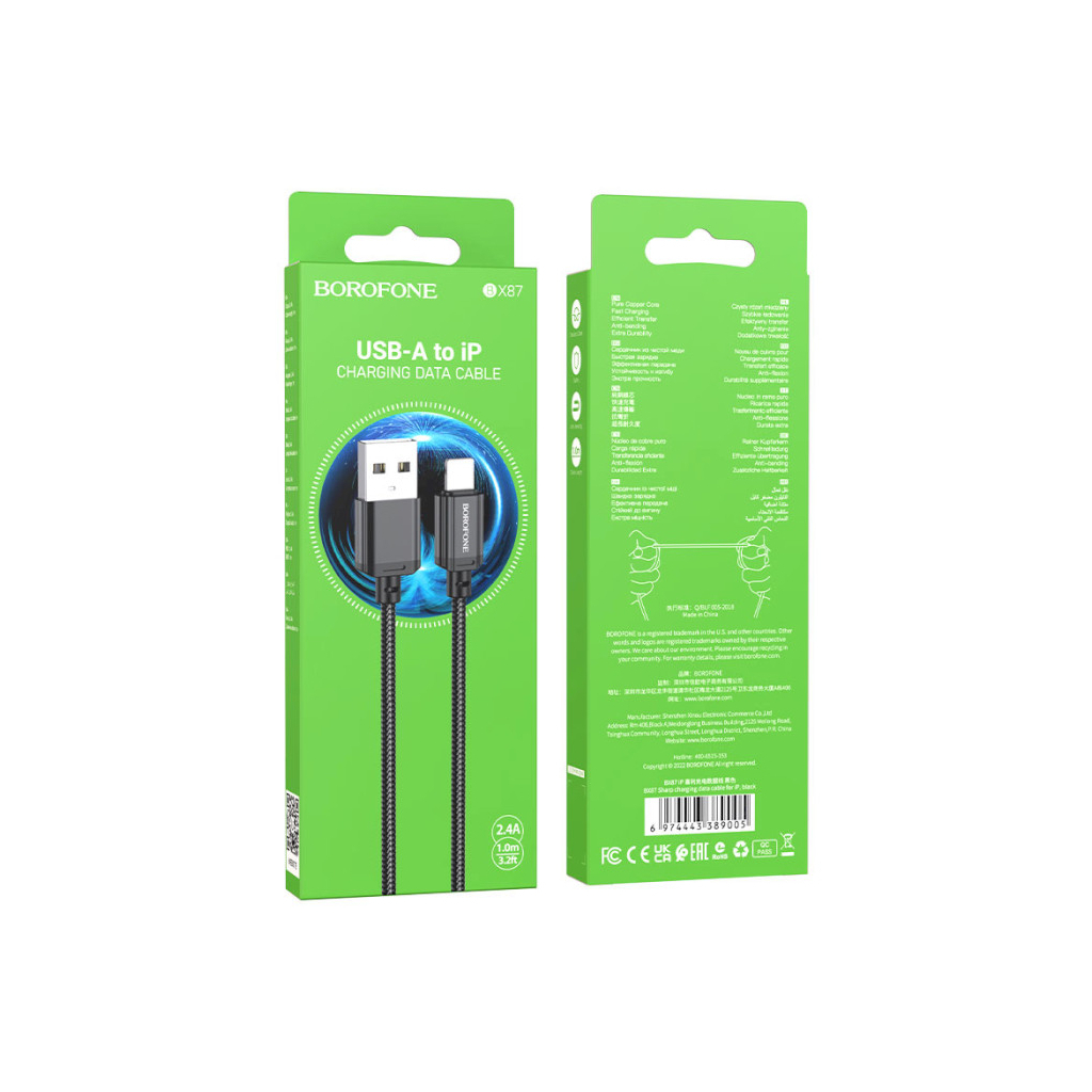 Дата кабель USB 2.0 AM to Lightning 1.0m 2.4A nylon BX87 black BOROFONE (6974443389005) - зображення 5