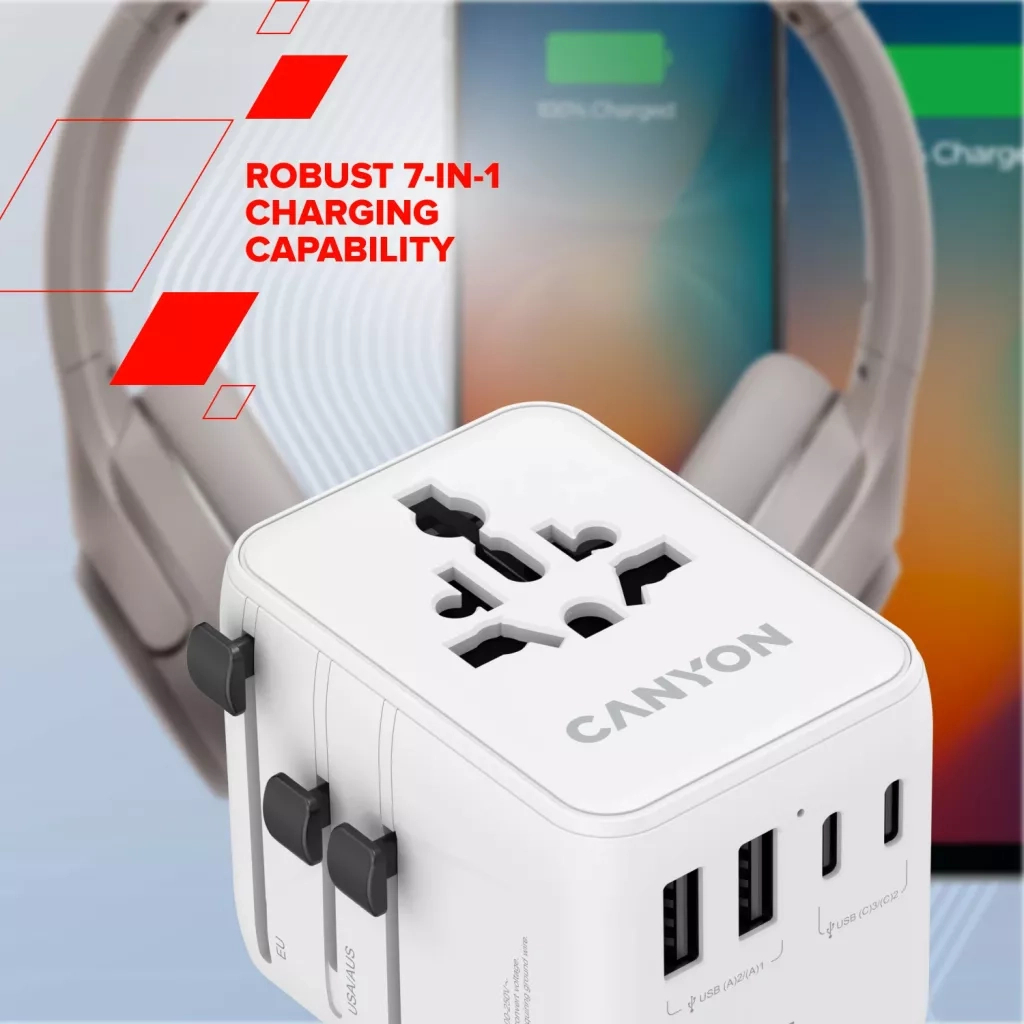 Зарядний пристрій Canyon OnTour 70 3xUSB-C + 2xUSB-A EU/UK/US/AUS 70W White (CNS-TA70W1006W) - зображення 7