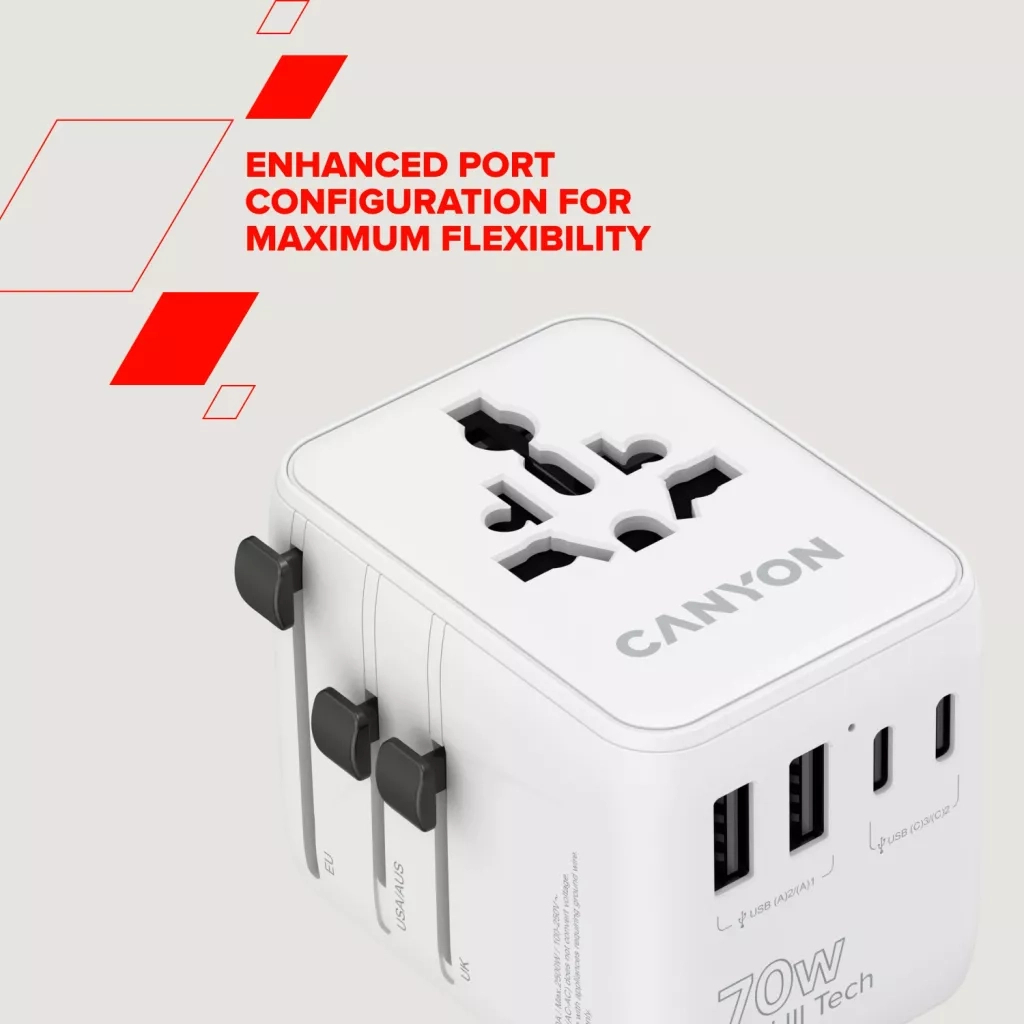 Зарядний пристрій Canyon OnTour 70 3xUSB-C + 2xUSB-A EU/UK/US/AUS 70W White (CNS-TA70W1006W) - зображення 8