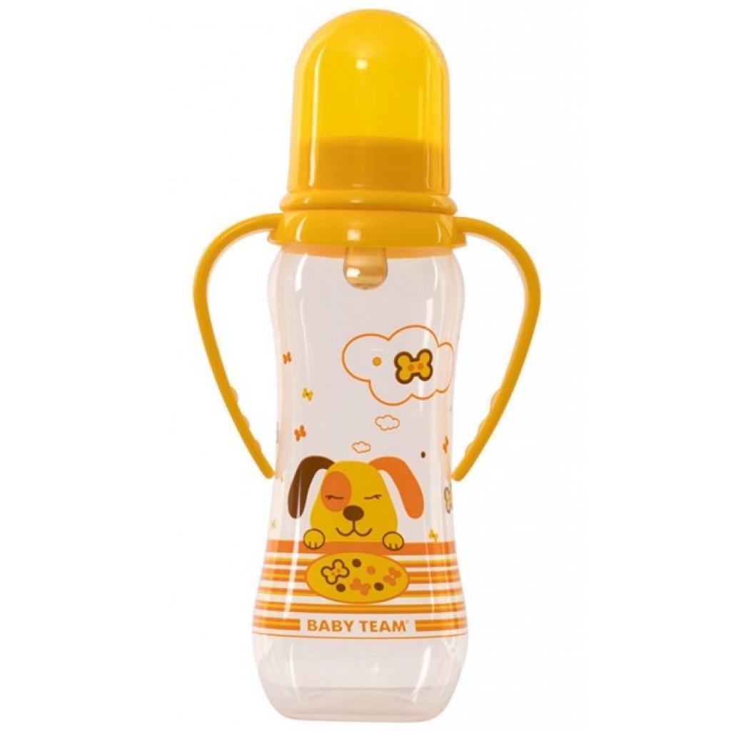 Пляшечка для годування Baby Team з латексною соскою і ручками 0+ 250 мл (1311_собачка_жовта) - зображення 1