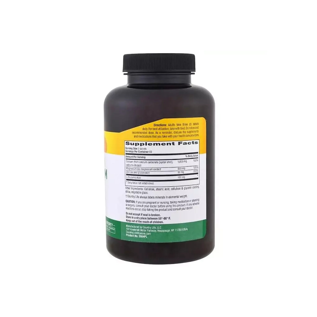 Мінерали Country Life Кальцій, Магній і Цинк з L-глютамін, Calcium Magnesium Zync, (CLF-02604) - зображення 2