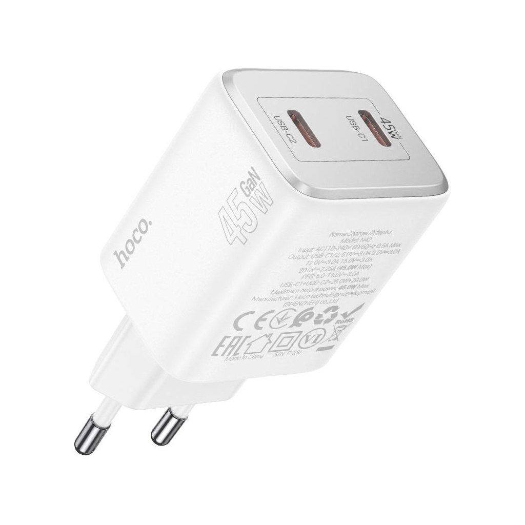 Зарядний пристрій HOCO N42 Elogiado 2xUSB-C PD45W + cable USB-C to Lightning White (6942007617116) - зображення 3