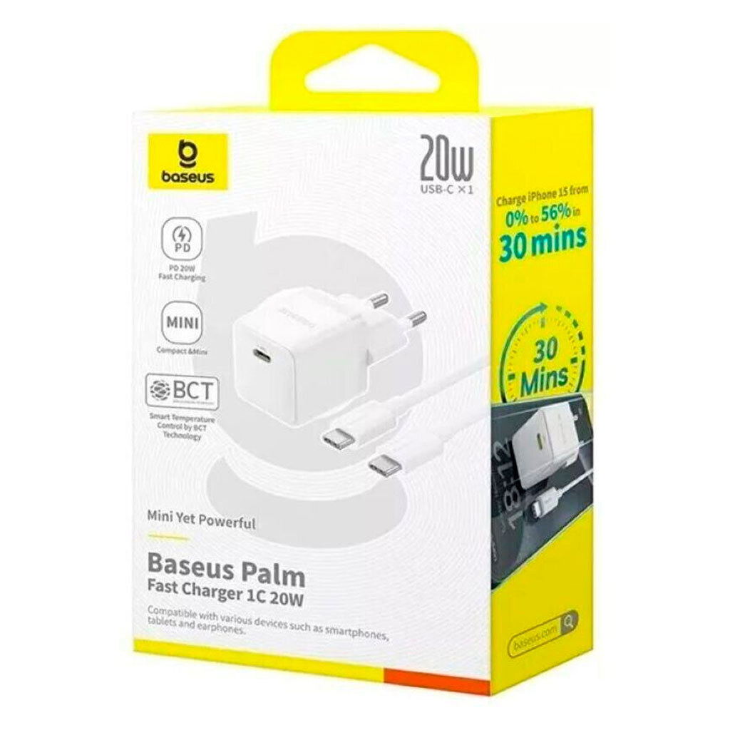 Зарядний пристрій Baseus 1xUSB-C 20W + 1xUSB white + cable USB-C to USB-C 60W 1.0m (P10111608213-01) - зображення 6