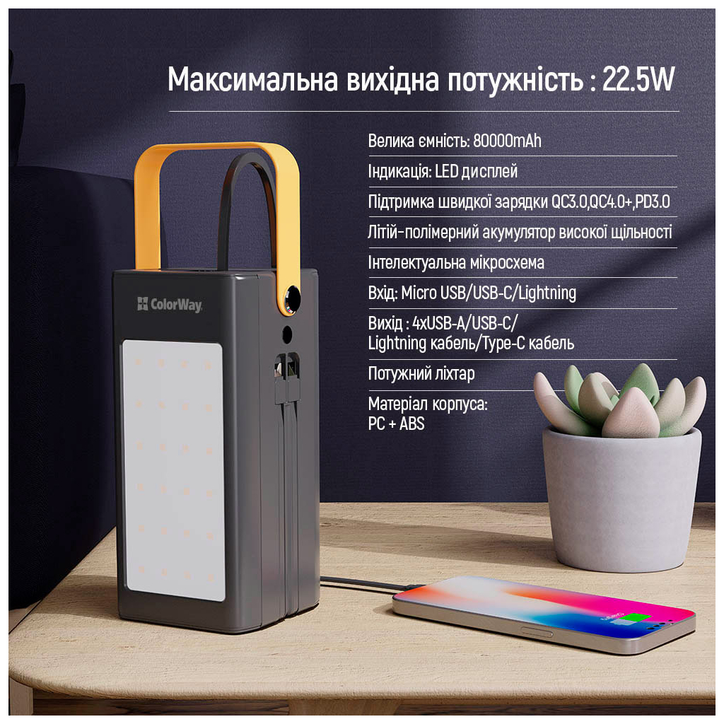 Батарея універсальна ColorWay 80 000 mAh LCD/Lamp (USB/QC3.0 + USB-C/PD/22.5W) Black (CW-PB800LPA8BK-PDD) - зображення 7