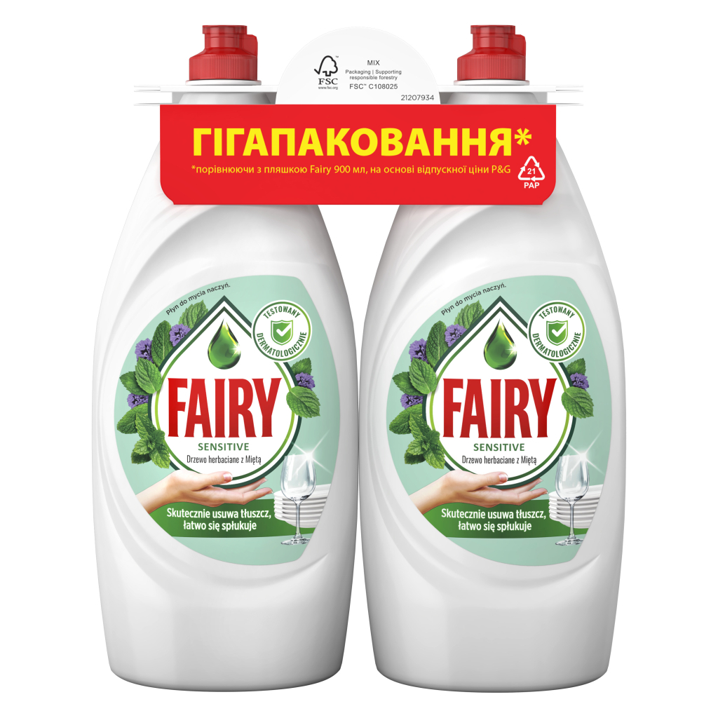 Засіб для ручного миття посуду Fairy Ніжні руки Чайне дерево і М'ята 2 х 900 мл (8700216759649) - зображення 1