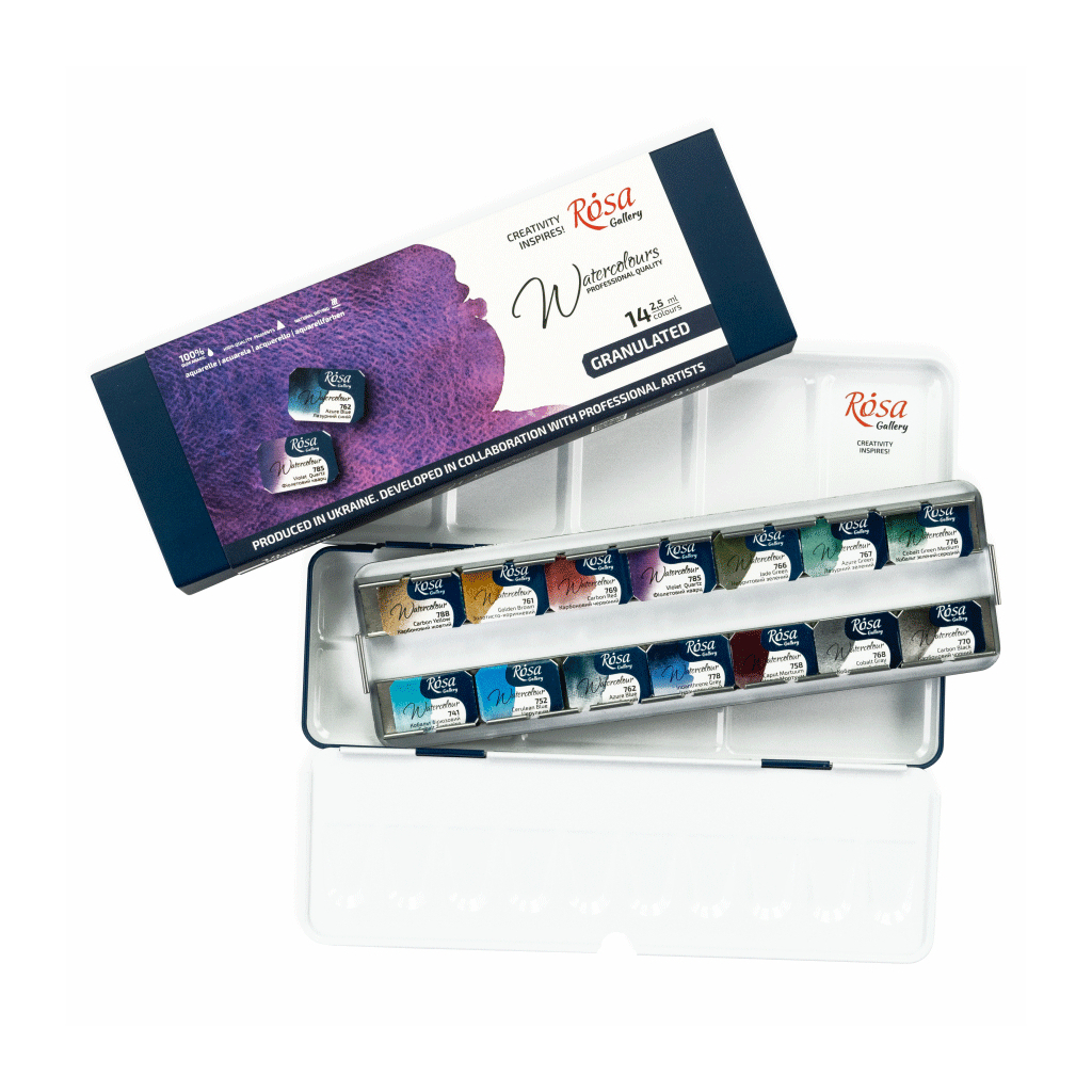 Акварельні фарби Rosa Gallery GRANULATION 14 кольорів по 2,5 мл в металевому пеналі (4823098544128) - изображение 5