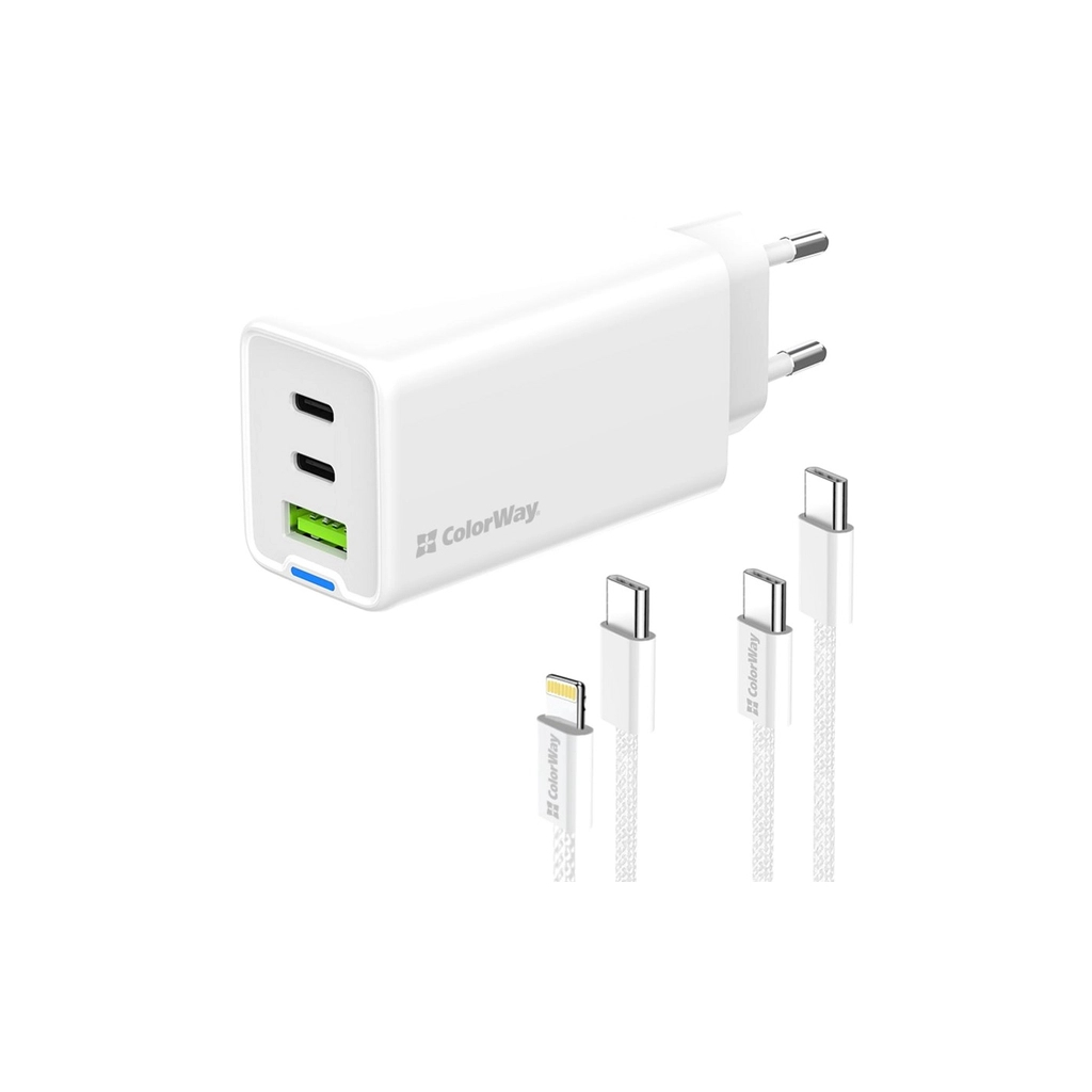 Зарядний пристрій ColorWay GaN Mini 65W PD Port PPS USB (USB-2C1A) cable Type-C&Lightning (CW-CHS058PDCL-WT) - зображення 4