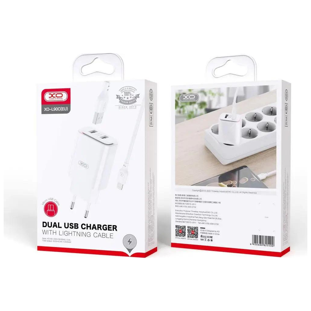 Зарядний пристрій XO L90C (2USB/2.4A) + USB - Lightning White (XO-L90C-L) - зображення 2