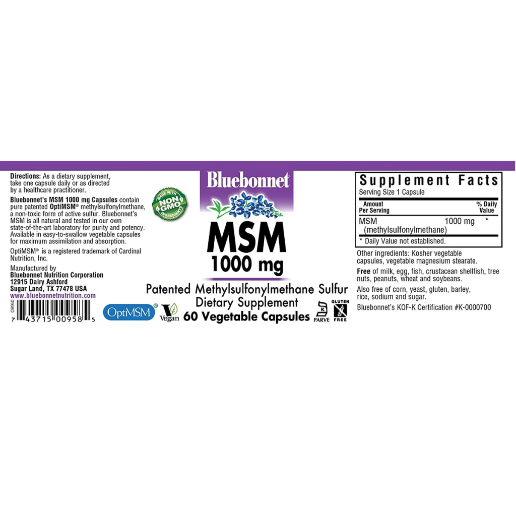 Мінерали Bluebonnet Nutrition ЧСЧ 1000 мг, MSM, 60 вегетаріанських капсул (BLB0958) - зображення 2