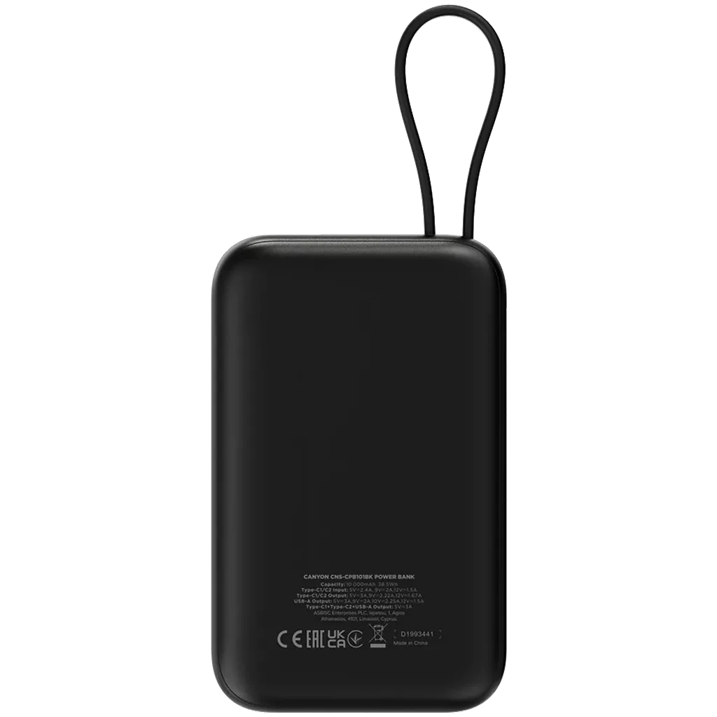 Батарея універсальна Canyon 10000mAh OnPower 101 PD/22.5W built-in cable Black (CNS-CPB101BK) - зображення 4