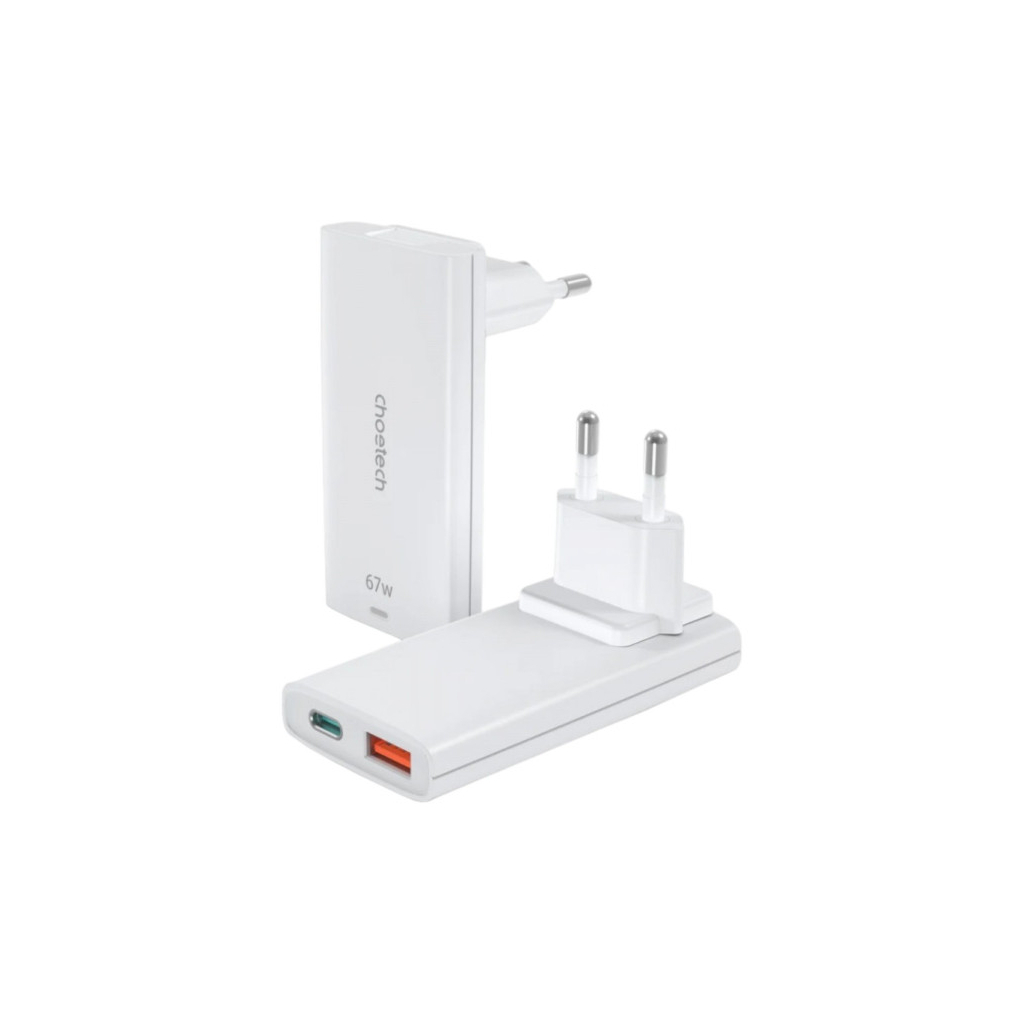 Зарядний пристрій Choetech 2xUSB 65W GaN (USB-C+USB-A) Ultra thin (PD6011-EU-WH) - зображення 1