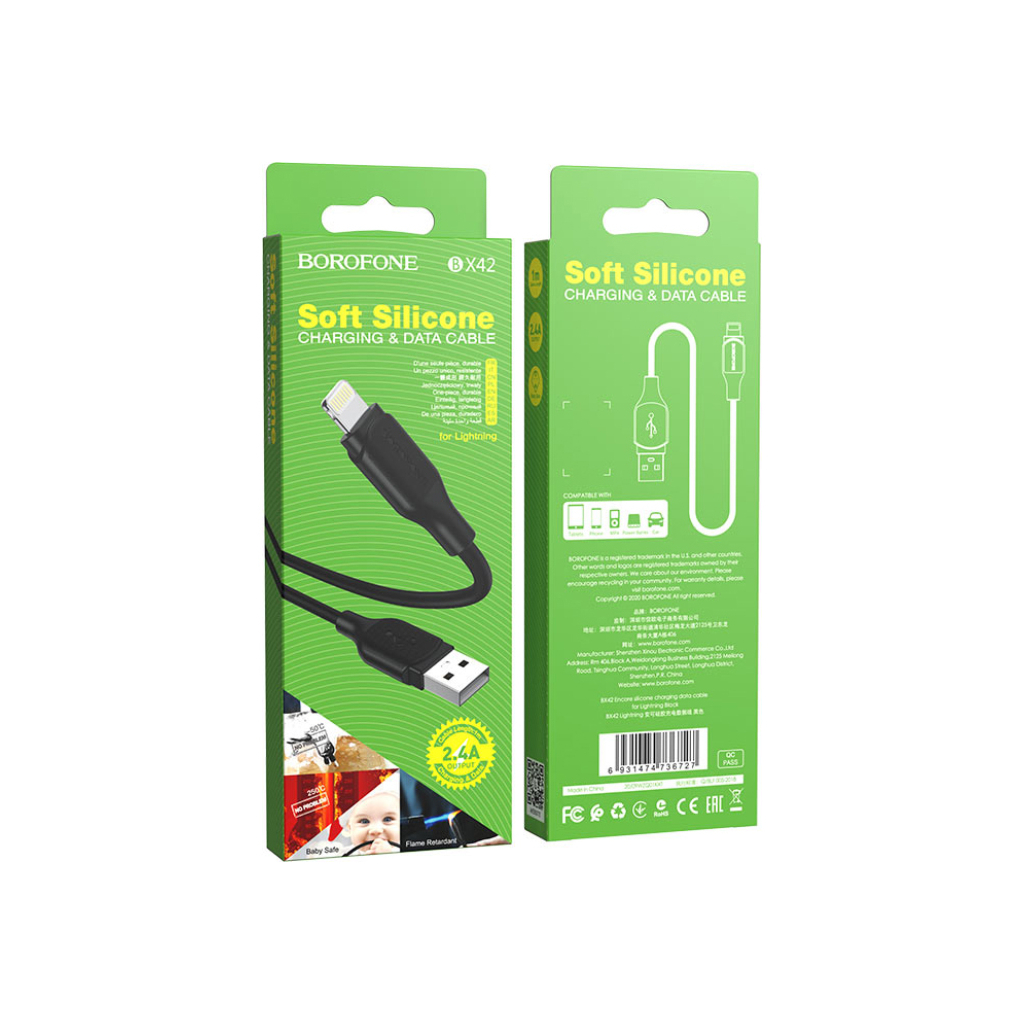 Дата кабель USB 2.0 AM to Lightning 1.0m 2.4A silicone BX42 black BOROFONE (6931474736727) - зображення 4