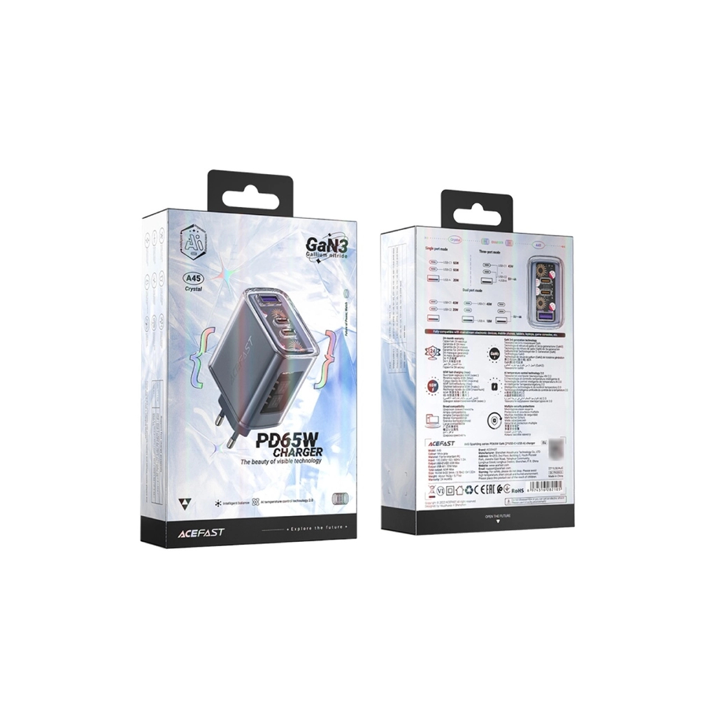 Зарядний пристрій Acefast 3xUSB 65W (2xUSB-C+USB-A) Gan A45 Fast Charger Mountain mist (6974316282099) - зображення 6