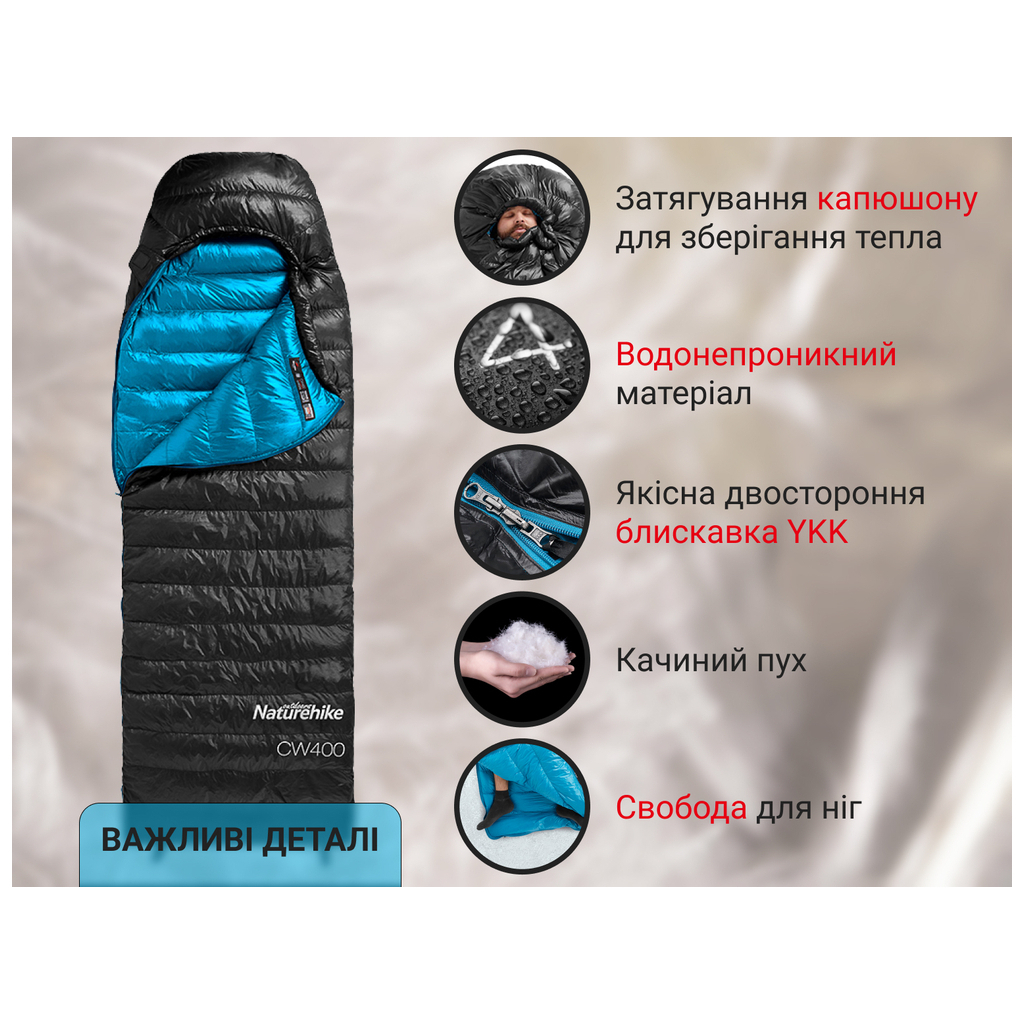 Спальний мішок Naturehike CW400 NH18C400-D, p-р L, чорно-блакитний (6976507666831) - зображення 12