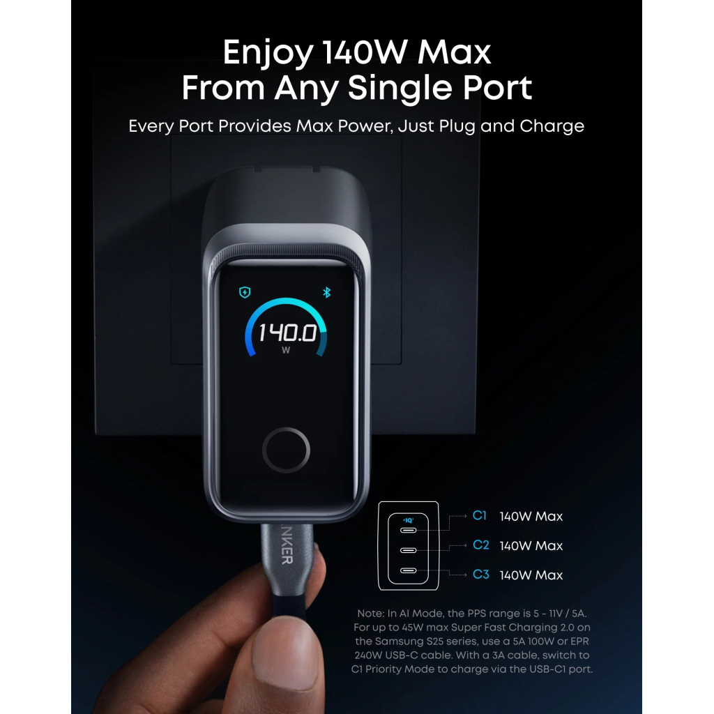 Зарядний пристрій Anker 3xUSB-C PD3.1 160W GaNPrime w Display silver (A2687341) - зображення 6