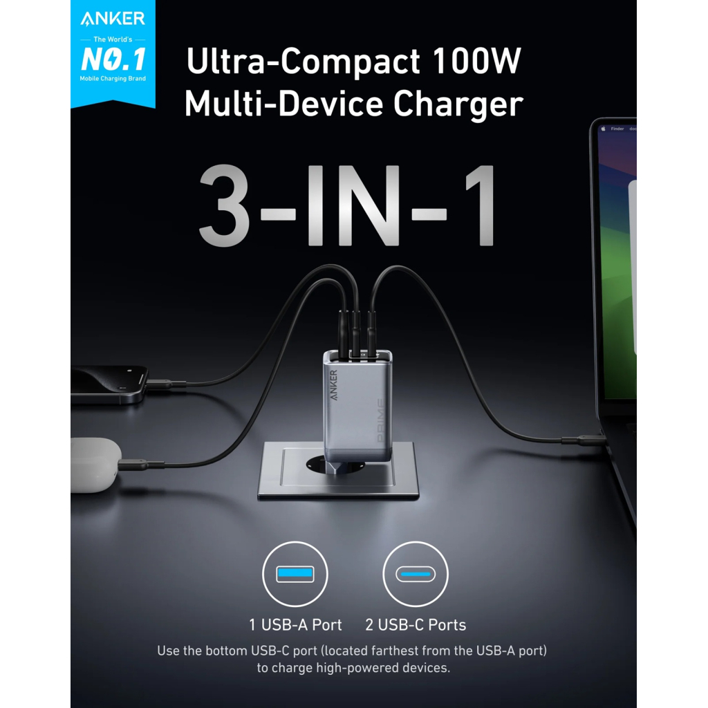Зарядний пристрій Anker GaNPrime 100W 2xUSB-C PD + 1xUSB-A Foldable Silver (A2688341) - зображення 6