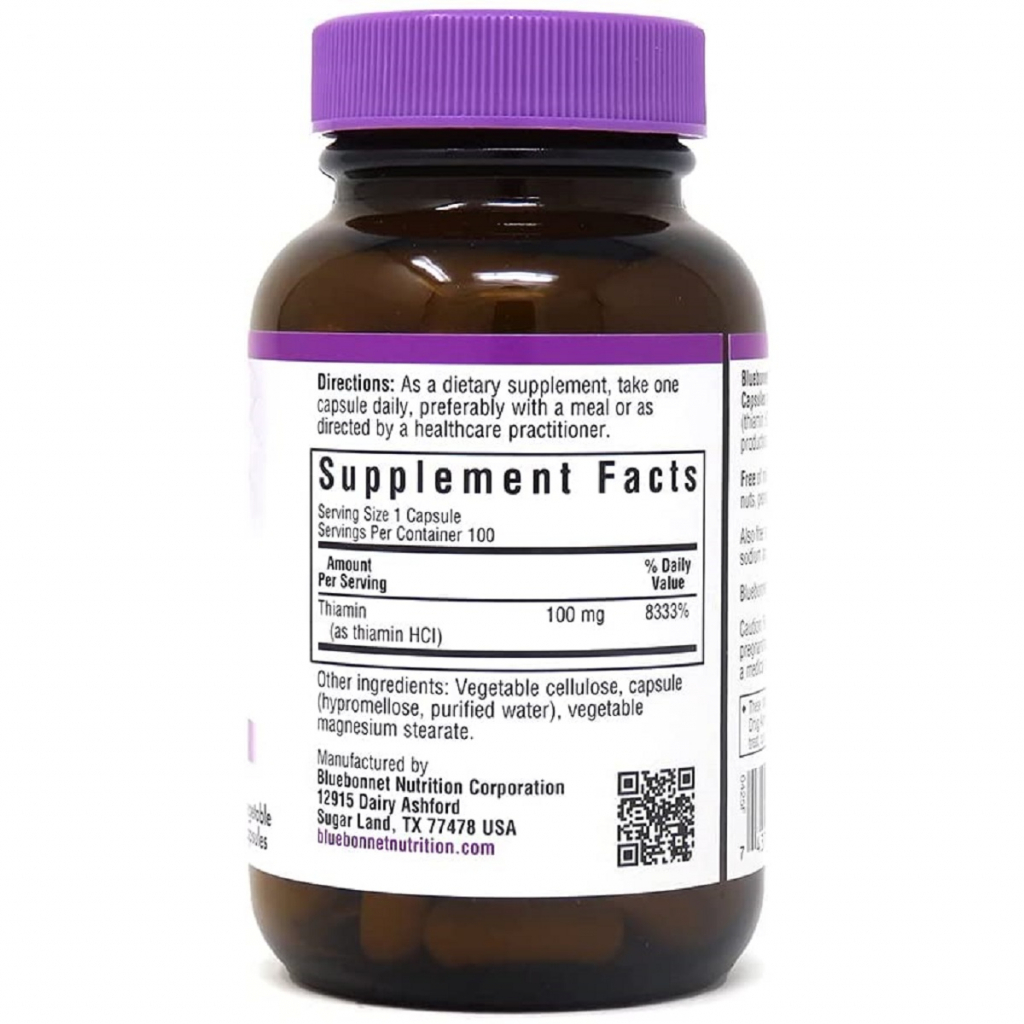 Вітамін Bluebonnet Nutrition Вітамін B1 100 мг, Vitamin B1, 100 вегетаріанських капсул (BLB0425) - зображення 2