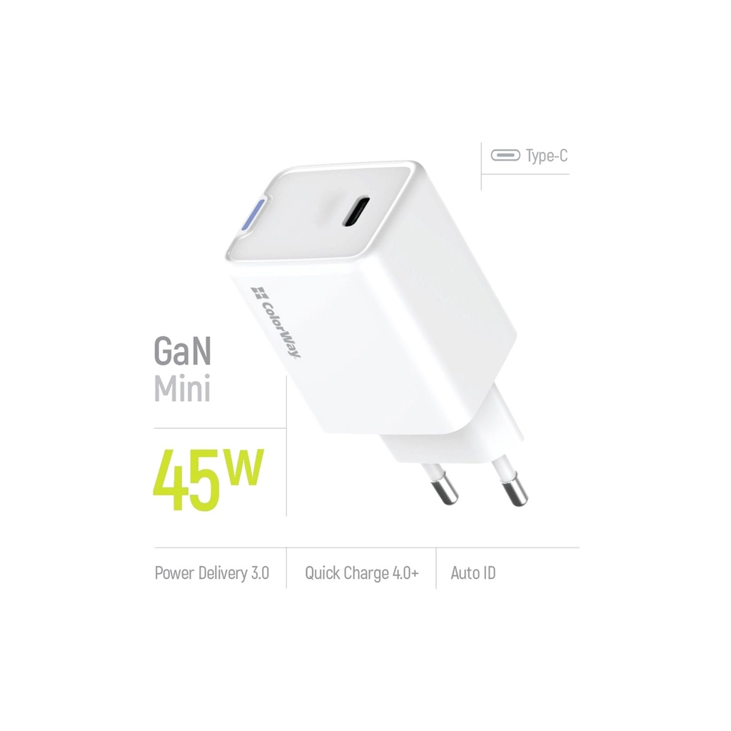 Зарядний пристрій ColorWay GaN Mini 45W PD Port PPS USB-C white (CW-CHS057PD-WT) - изображение 7