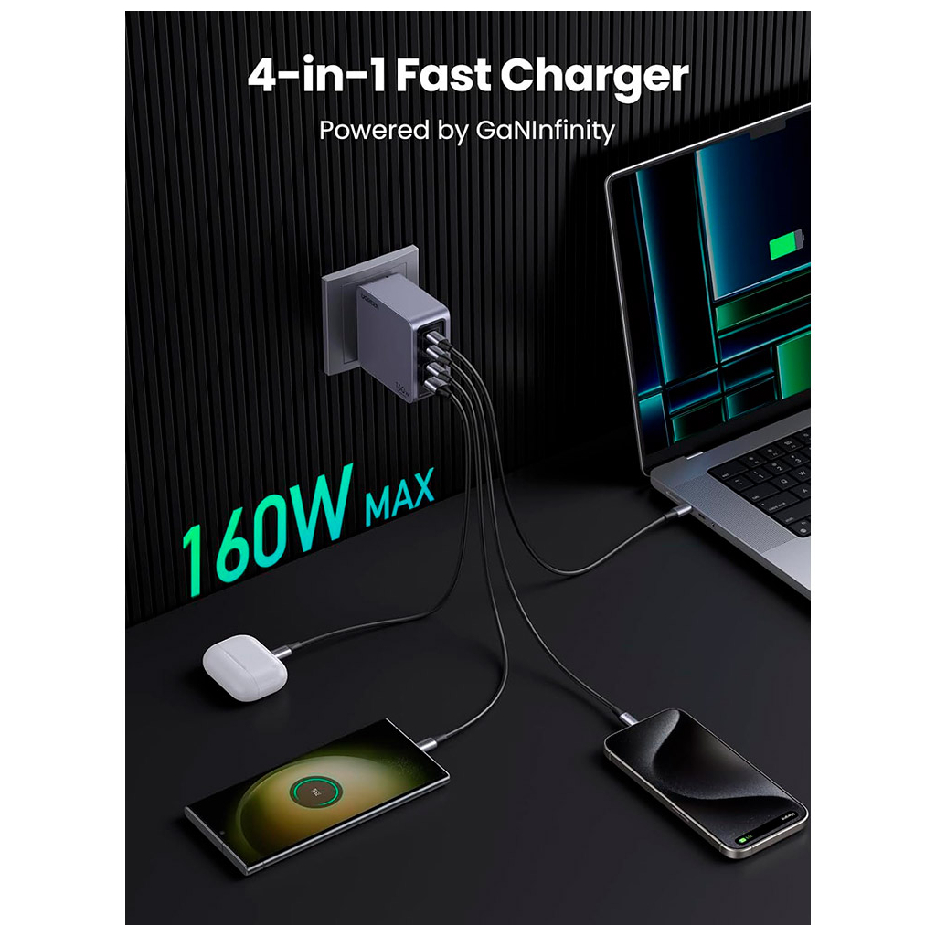 Зарядний пристрій Ugreen 4xUSB 160W (3xUSB-C + USB-A) Gan Nexode Pro X763 (25877) - зображення 7