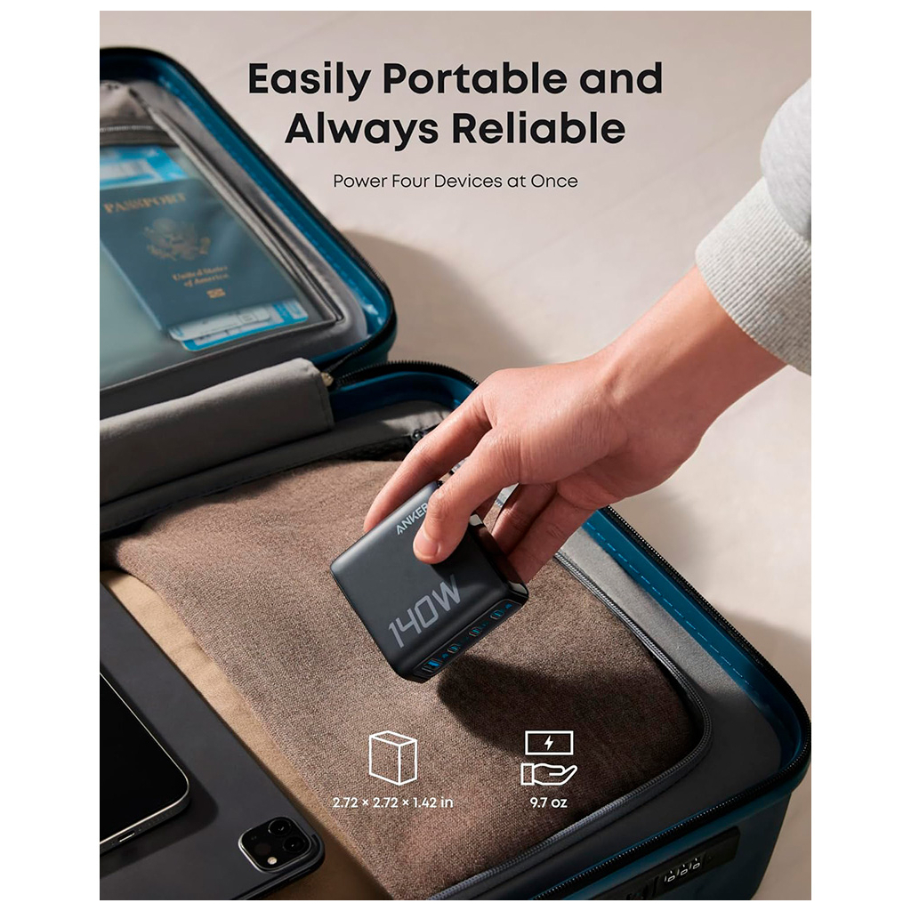 Зарядний пристрій Anker Laptop GaN 140W 3xUSB-C PD3.1 + USB-A + display + cable Black (B2697GZ1) - зображення 6