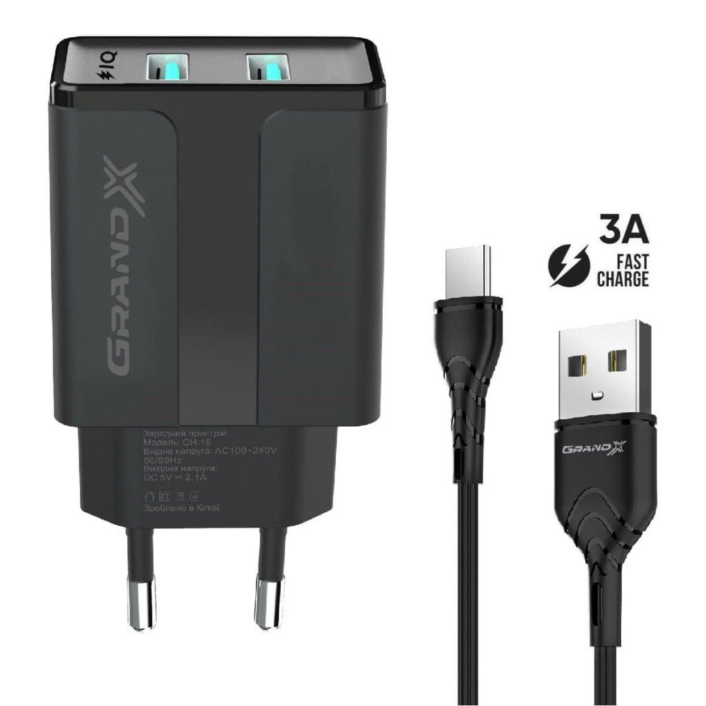 Зарядний пристрій Grand-X CH-15T 5V 2.1A 2USB Black + cable USB -> Type-C (CH-15T) - зображення 1