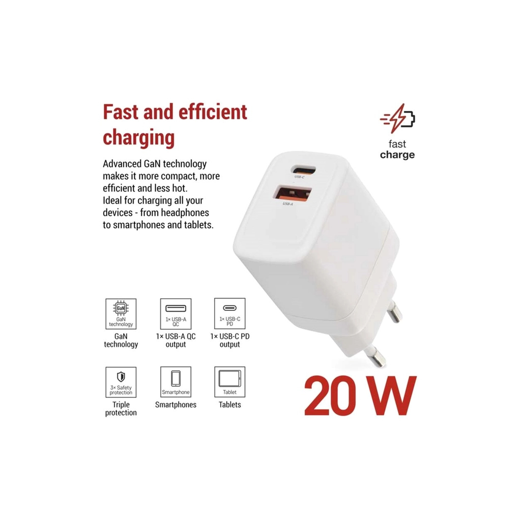 Зарядний пристрій EMOS V02G20 1xUSB-A + 1xUSB-C PD20W GaN (V02G20) - зображення 3