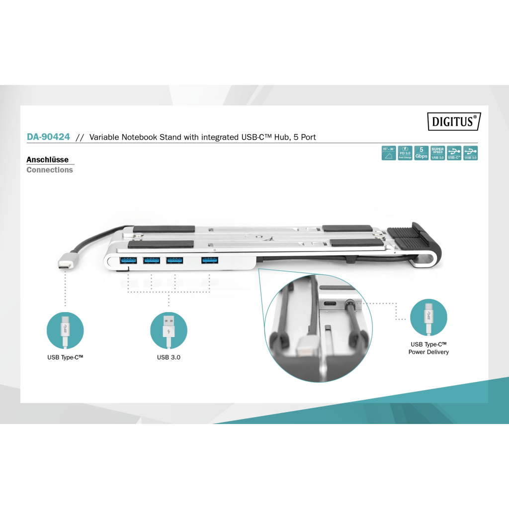 Підставка до ноутбука Digitus Variable Notebook Stand, до 17", USB-C Dock 5-Port (DA-90424) - зображення 11