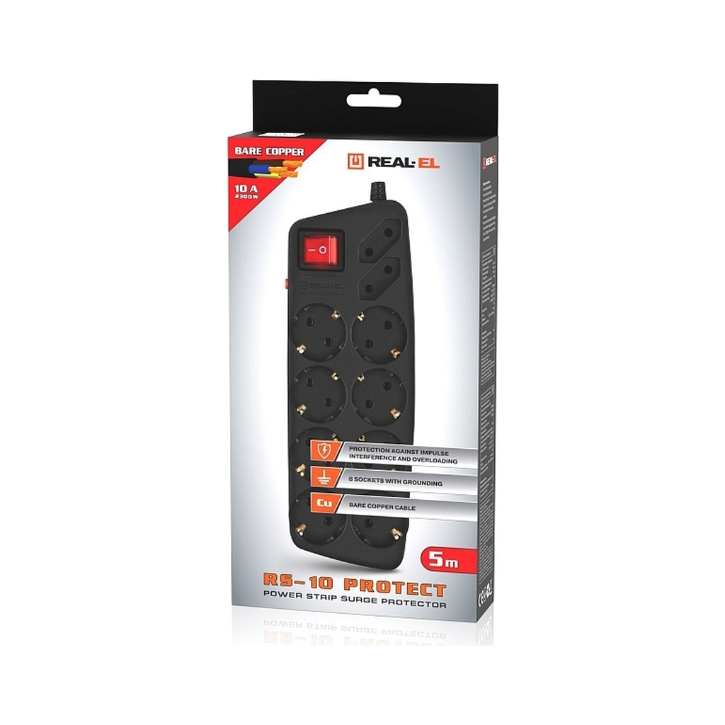 Мережевий фільтр живлення REAL-EL REAL-EL RS-10 Protect, 5m, black (EL122300040) - зображення 8