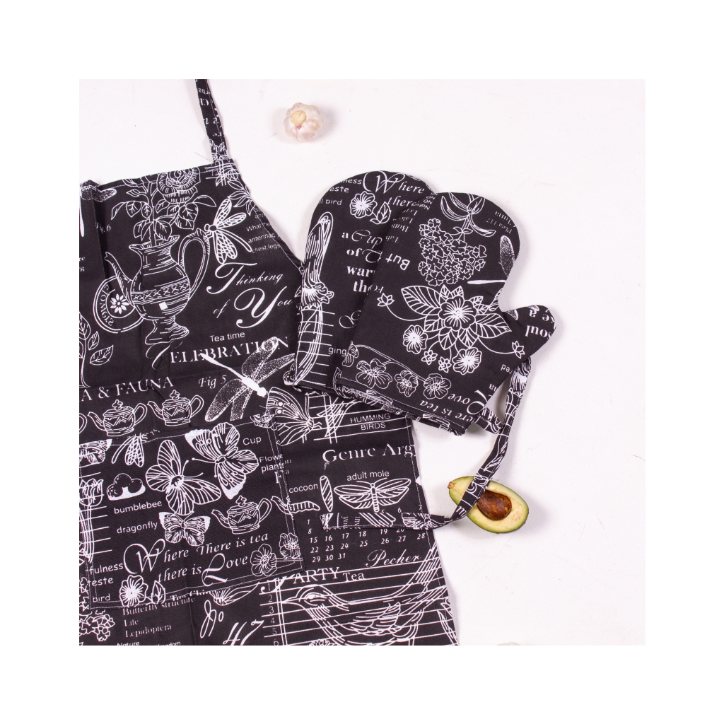 Фартух MirSon Набір №216 - Black flowers дві прихватки + дві рукавички-прихватки + фартух (2200006754404) - зображення 3