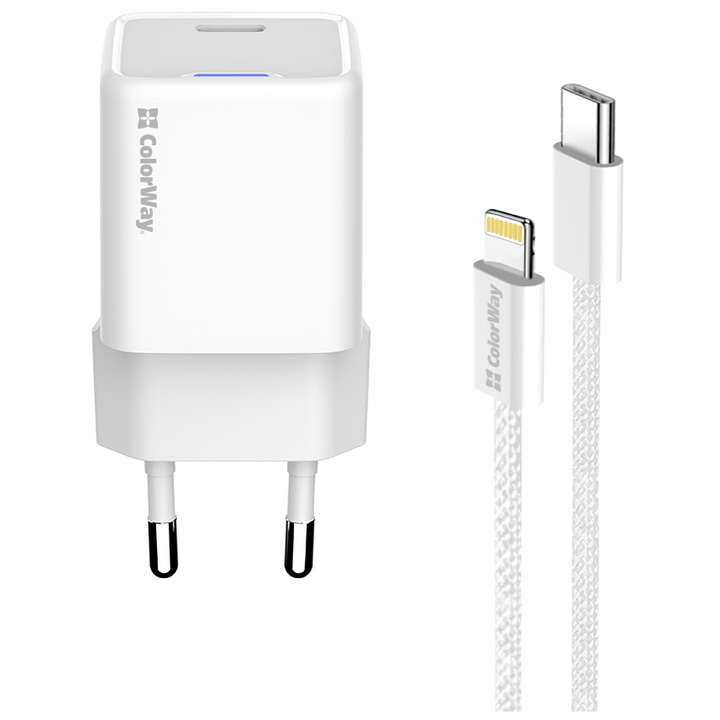 Зарядний пристрій ColorWay C101D GaN Mini 20W PD PPS USB-C + cable USB-C to Lightning white (CW-CHS059PDL-WT) - изображение 3