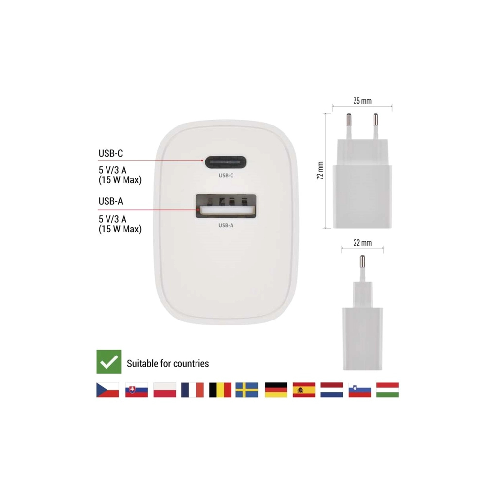 Зарядний пристрій EMOS V02B15 1xUSB-A + 1xUSB-C 15W GaN (V02B15) - изображение 5