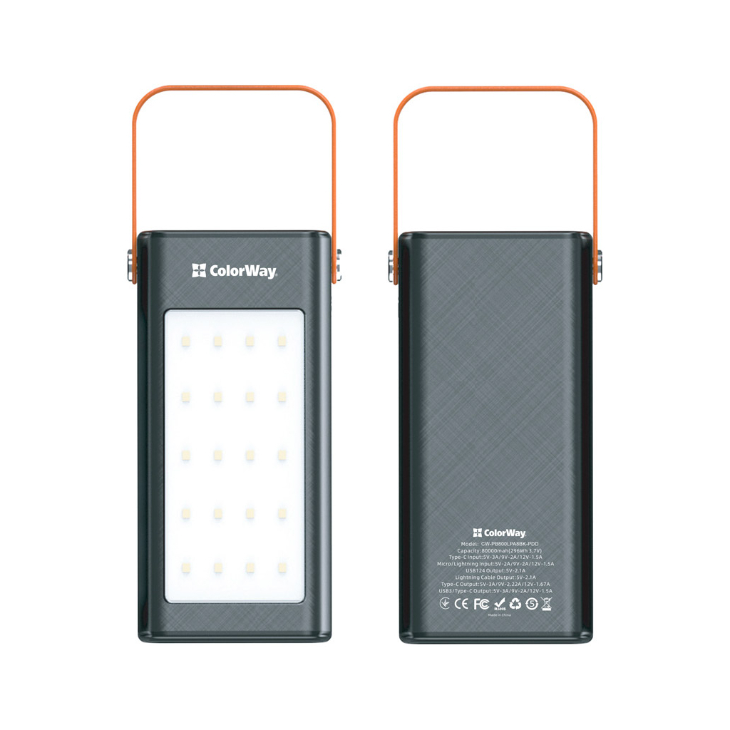 Батарея універсальна ColorWay 80 000 mAh LCD/Lamp (USB/QC3.0 + USB-C/PD/22.5W) Black (CW-PB800LPA8BK-PDD) - зображення 5