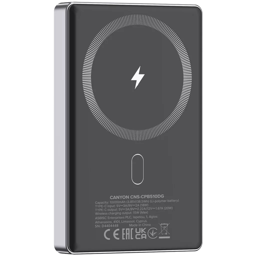 Батарея універсальна Canyon 10000mAh OnPower 510 slim Magsafe PD/20W Dark Grey (CNS-CPB510DG) - зображення 4