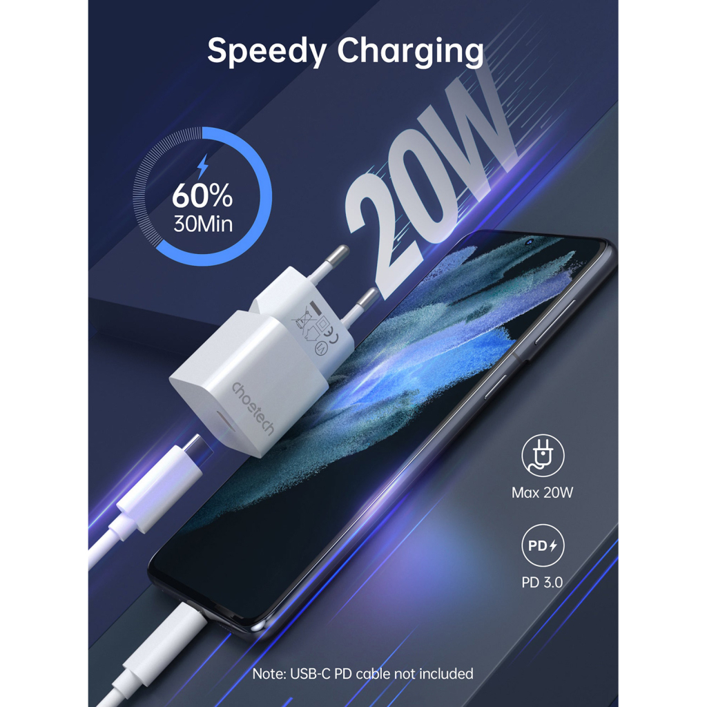 Зарядний пристрій Choetech GaN USB-C 20W QC3.0/PD/PPS (PD5010-EU-WH) - зображення 6