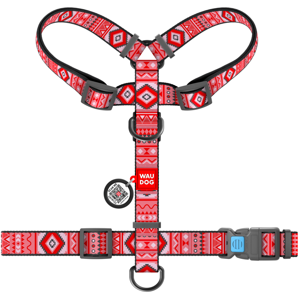 Шлея для собак WAUDOG Nylon з QR паспортом анатомічна H-подібна "Етно червоний" L (5593) - зображення 2