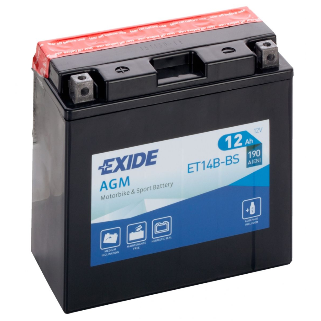 Акумулятор автомобільний EXIDE Акумулятор Мото EXIDE AGM 12Ah (+/-) (190EN) (д150*ш70*в145) ET14B-BS (ET14B-BS) - зображення 1