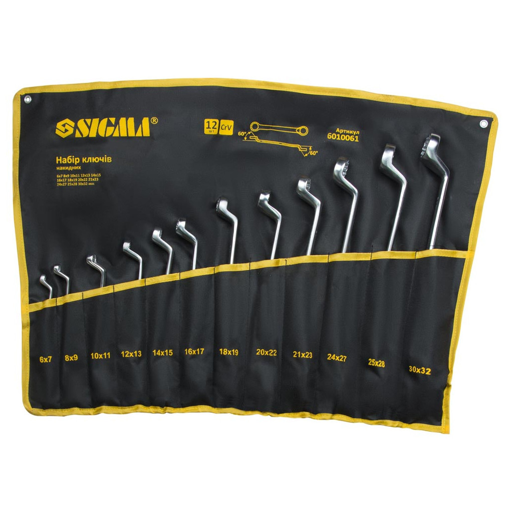Ключ Sigma набір накидних 12шт 6-32мм CrV satine, тк. чохол (6010061) - зображення 1