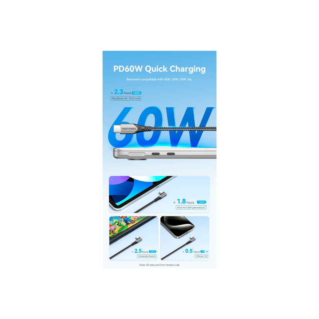 Дата кабель USB-C to USB-C 0.5m USB2.0 60W (20V/3A) angle 90° Gray Aluminum Alloy Vention (TRAHD) - picture 7