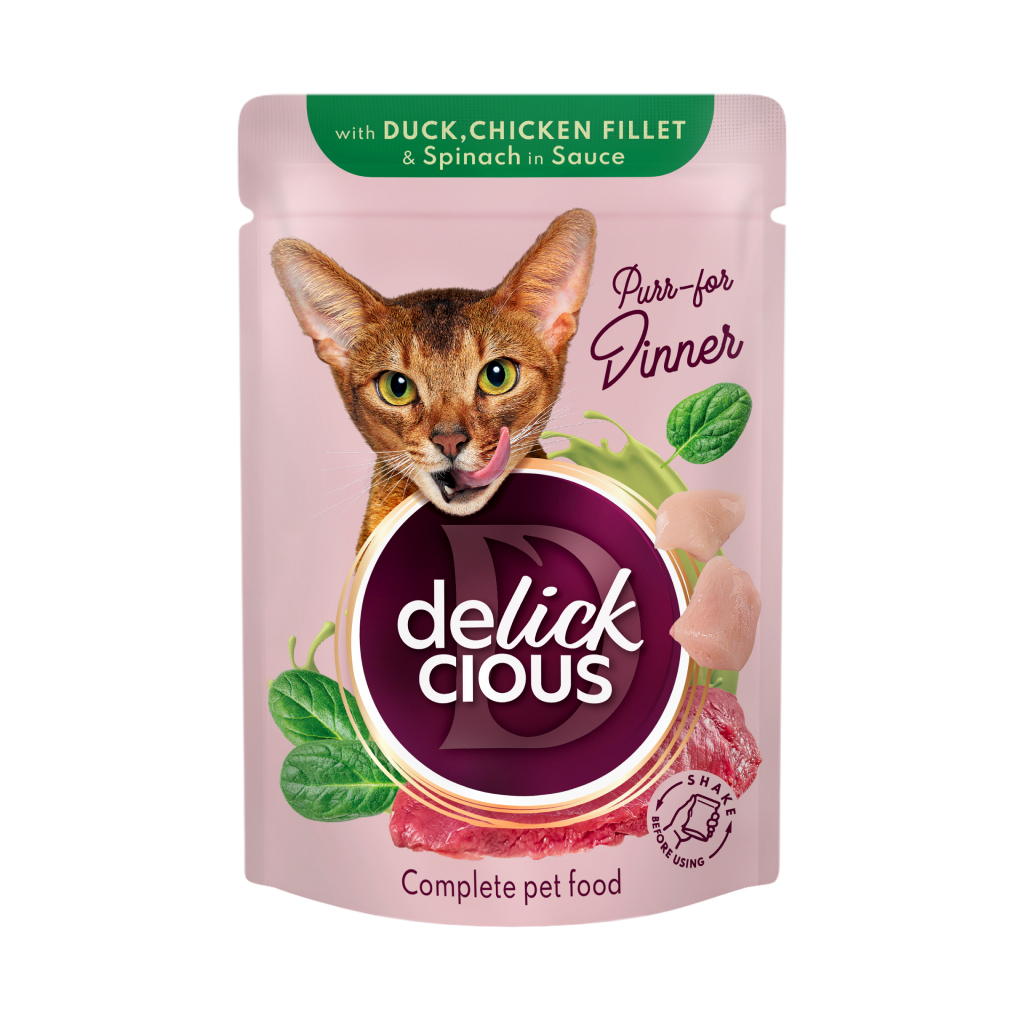 Вологий корм для кішок Delickcious Шматочки з качкою, курячим філе і шпинатом в соусі 85 г (4820269143142) - зображення 1